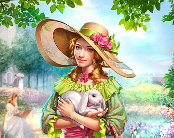 Beauty, frumusete, girl, owlstudio, spring, bunny, pink, fantasy, flower, green, easter, luminos, hat, owl studio, rabbit HD wallpaper