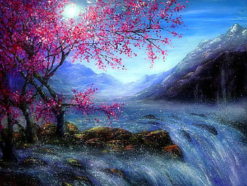 Blossom Waterfalls, falls, attractions in dreams, paintings, waterfalls, spring, landscapes, love four seasons, draw and paint, nature, blossom, moons HD wallpaper