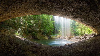 This cave looks like an eye, southern Germany, trees, river, waterfall, stones HD wallpaper