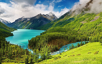 Mountains and lake landscape, Fields, Lakes, Trees, Forests, Mountains HD wallpaper