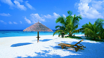 White Sands Beach at Bora Bora Island, sea, umbrella, French Polynesia, beachchair, clouds, palmtree, sky HD wallpaper