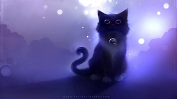 Art, Night, Cat, Drawing, , Apofiss HD wallpaper