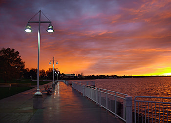 Cities, Rivers, Trees, Sunset, Sky, Clouds, City, Lights, Shine, Light, Lanterns, Evening, Benches, Embankment, Quay HD wallpaper