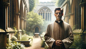 Serene Clergyman in Historical Cloister -, priest, monastery, garden, architecture, spirituality HD wallpaper
