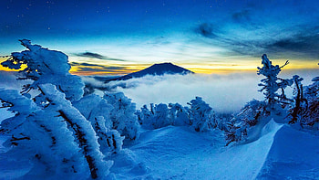Frozen trees and a mountain. Bend, OR, fog, snow, clouds, landscape, trees, sky, mountains, sunset, usa HD wallpaper