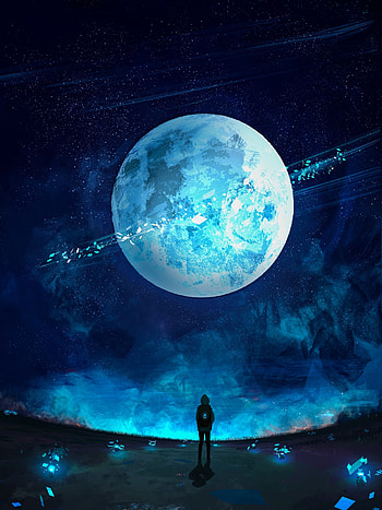 Night out, blue planet and boy, artwork HD phone wallpaper