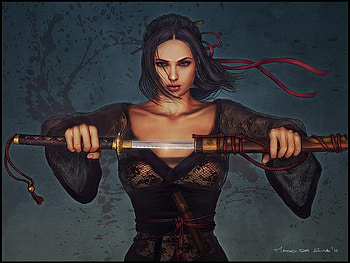 Killer Kunoichi, sword, blue eyes, blade, lone, scabbard, dark hair, weapon, waistband, katana, kunoichi, female HD wallpaper