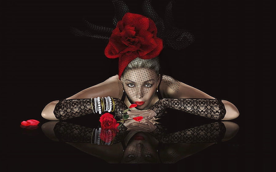 Glamour Poise, color on black, model, woman, rose, fashion, femininie, face, vintage, hat, female, Glamour HD wallpaper