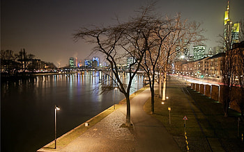 Cities, Water, Houses, Trees, Lights, Pier, Road, Lanterns, Wall, Skyscrapers, Evening, Life, Distance, Dahl, Square, Wharf, Mostovaya, Pavement, Channel, Buildings, Strait, Vessel, Railways, Railroads, Frankfurt, Built HD wallpaper