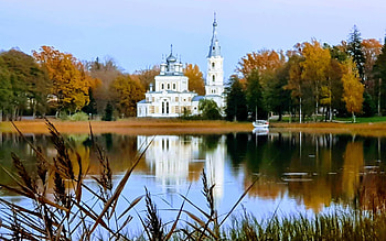 Church in Latvia, autumn, Latvia, church, lake, calm HD wallpaper