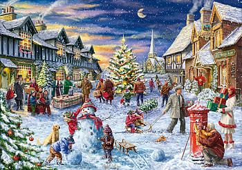 Christmas Village, childern, ma, times, puzzle, people, woman, snow, christmas, happy, village HD wallpaper