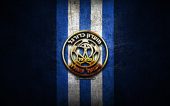 Hapoel Afula FC, golden logo, Leumit League, blue metal background, football, Israeli football club, Hapoel Afula logo, soccer, Hapoel Afula HD wallpaper