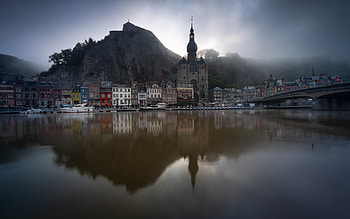 Dinant, morning, sunrise, Citadel of Dinant, fog, Dinant cityscape, Belgium HD wallpaper