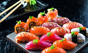 Fresh sushi rolls, Japanese cuisine, Seafood delicacy, Food art HD wallpaper