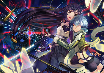 WARNING!!!, gun gale online, blue hair, black hair, grenade, anime, weapon, girls, shinon, kirigaya kazuto, friends, black eyes HD wallpaper
