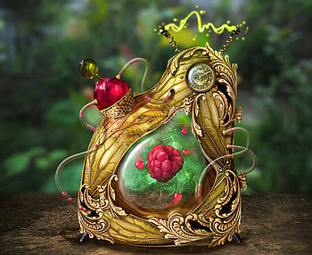 Raspberry, golden, fantasy, green, red, fruit, kosolap, clock HD wallpaper