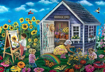 Happiness Grows Here, painting, blossoms, garden, flowers, cabin HD wallpaper