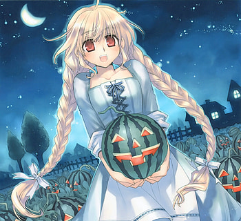 PumpkinMelon, night, cute, twin tails, long hair, dress, twintails, fruit, braids, female, sexy, ribbon, twintail, garden, hot, watermelon, girl, star, anime girl, anime, sky, twin tail, gown HD wallpaper