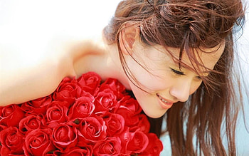 woman with red roses, roses, graphy, woman, red HD wallpaper