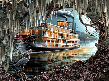 Night on the River, artwork, steamer, painting, bird, riverboat, steamboat, water, tree HD wallpaper