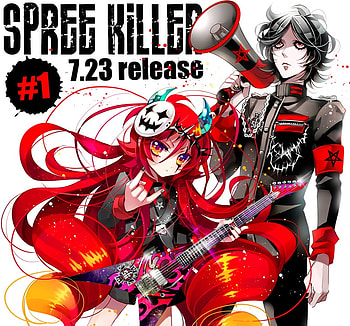 spree killer, guitar, uniform, red eyes, red hair, long hair, dress, dark HD wallpaper