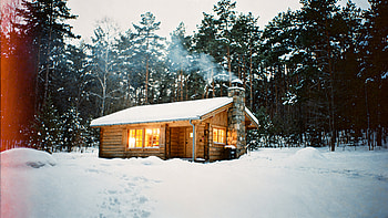: Snowbound Winter Cabin Retreat, Forest HD wallpaper