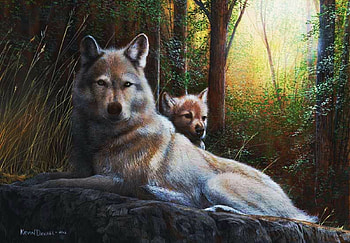 Mother and son, pup, forest, wolves, artwork, painting, trees HD wallpaper