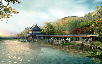 chinese house, river, chinese, abstract, house HD wallpaper