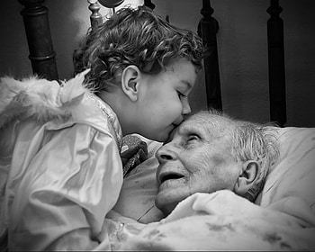 Beautiful awakening, kiss, beautiful, child, black and white HD wallpaper