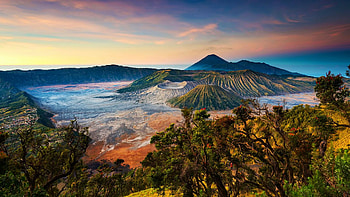 Valley of the Mists, Australia, craters, volcano, trees, landscape, clouds, colors, sky, sunset HD wallpaper