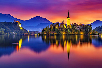 Lake Bled, island, beautiful, mountain, lake, Bled, reflection, lights, sky, Slovenia, sunset HD wallpaper