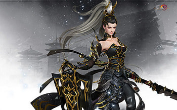 Warrior girl, black, frumusete, fantasy, game, girl, luminos, gian vang, warrior HD wallpaper