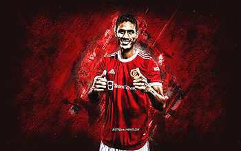 Raphael Varane, Manchester United FC, French footballer, red stone background, football, Premier League, Varane art, Raphael Varane MU HD wallpaper