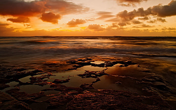 Landscape, Nature, Water, Sunset, Sky, Sea, Waves, Shore, Bank, Evening, Puddles, Rocky, Stony HD wallpaper
