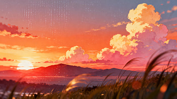Anime Sunset — Crimson Horizon, Landscape, Cloud, Mountain, Grass HD wallpaper