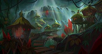 Art, Rainbow, Waterfall, Jungle, Huts HD wallpaper