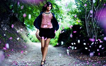 Flower Girl, purple flowers, petals, trees, sensual, female, woods, brunette, eyes, girl, tree, woman, purple, leaves, pretty, green, face, nature, romantic, hair, lovely, legs, beauty, lady, flowers girl, road, lips, pathway, path, hands, beautiful, romance, hand, purple petals, alley, flowers, forest, splendor HD wallpaper