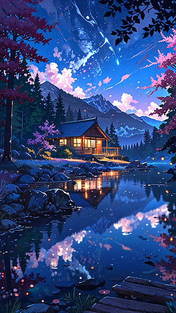 Wooden House near river, Anime, artistic, river HD phone wallpaper