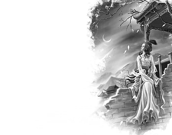 Night In The Garden, lady, white, black, moon, garden, tree HD wallpaper