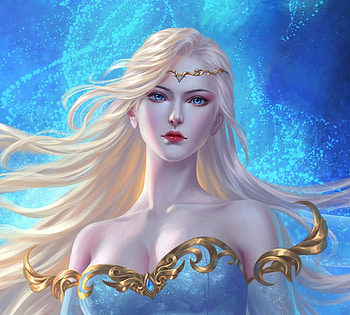 Lady of the Lake, blue, crystalrain, frumusete, fantasy, blonde, crystal rain, girl, luminos HD wallpaper