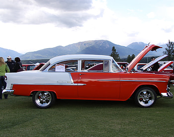 Chevrolet 1955 belair in Radium Hot Springs car show 80 , white, graphy, nickel, tire, green, red, silver, clouds, trees, Chrome, mountains, Chevrolet HD wallpaper