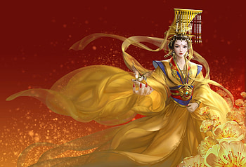 Empress, golden, asian, girl, emilyg, fantasy, red, yellow, luminos, queen HD wallpaper