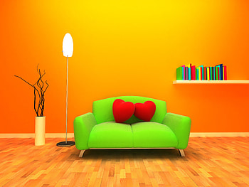 Hearts, Miscellanea, Miscellaneous, Room, Sofa, 3D Graphics, Orange Background HD wallpaper