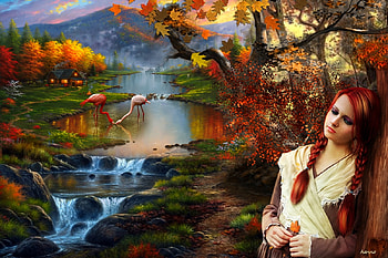 RED HAIR, NATURE, GIRL, LANDSCAPE, WATERFALL, BIRD, AUTUMN, WATER HD wallpaper