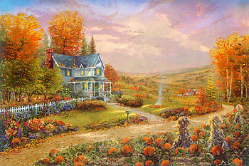 Autumn at Apple Hill, pumpkins, artwork, painting, landscape, autumn, trees, fields, cottage HD wallpaper
