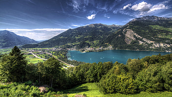 Lake Walensee, Switzerland, Roads, Fields, Walensee, Trees, Mountains, Hills, Lake, Clouds, Sky HD wallpaper