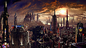 Futuristic City Skyline, Science fiction, Digital artwork, Urban landscape HD wallpaper