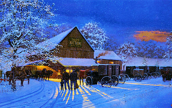 County Auction, winter, evenning, house, carts, people, artwork, horses, light, snow, trees, nature HD wallpaper