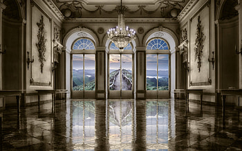 Palace, chandelier, windows, view, interior HD wallpaper