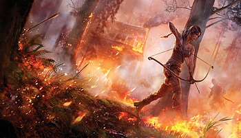 Lara Croft, games, flames, tomb raider, arrows, weapon, trees, video games, fire, forest, bow, female HD wallpaper